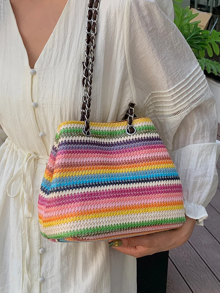 

Colorful Woven Straw Bucket Bag Shoulder Crossbody Bags for Women Handbags and Purses 2024 New Summer Beach Travel Bag