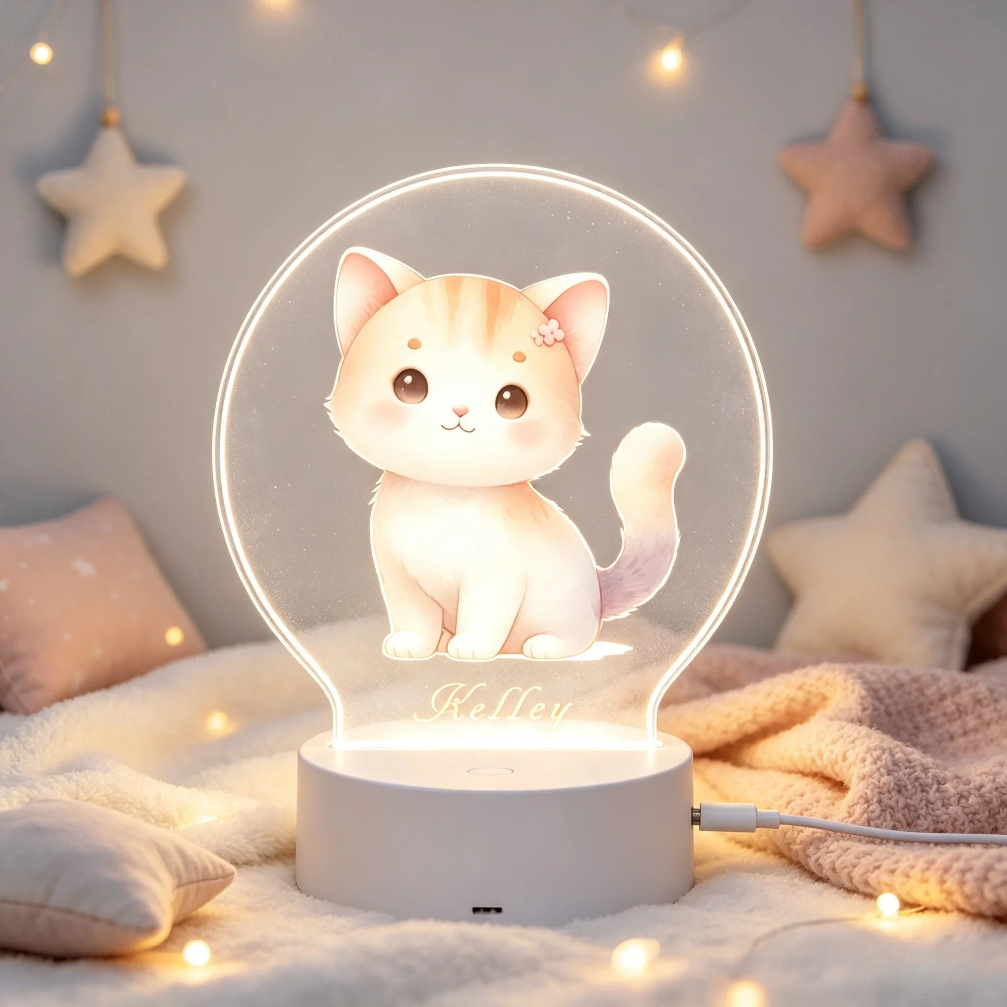 Gentle Pastel Cat Acrylic Nightlight Children Bedroom Decor Lamp,Personalized Name Watercolor Orange Kitten Acrylic LED Night Light For Kids