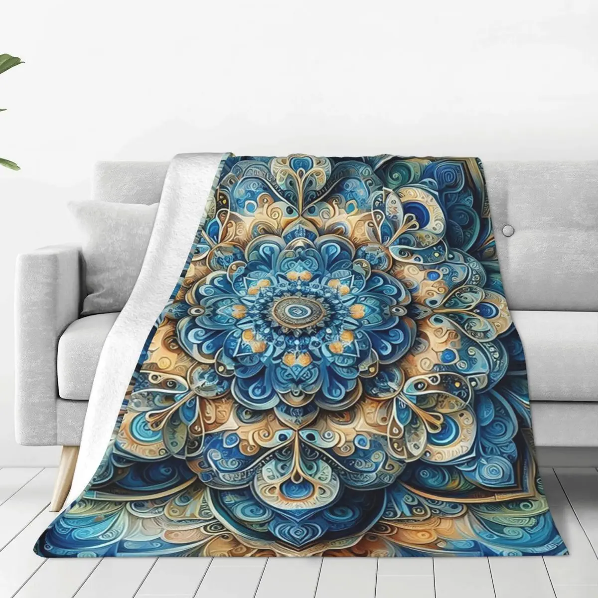 Blue,Cream And Orange Mandala Patter Blankets Fleece Soft Sofa Throw Blankets For Home Bedroom Travel Throws Bedspread Quilt