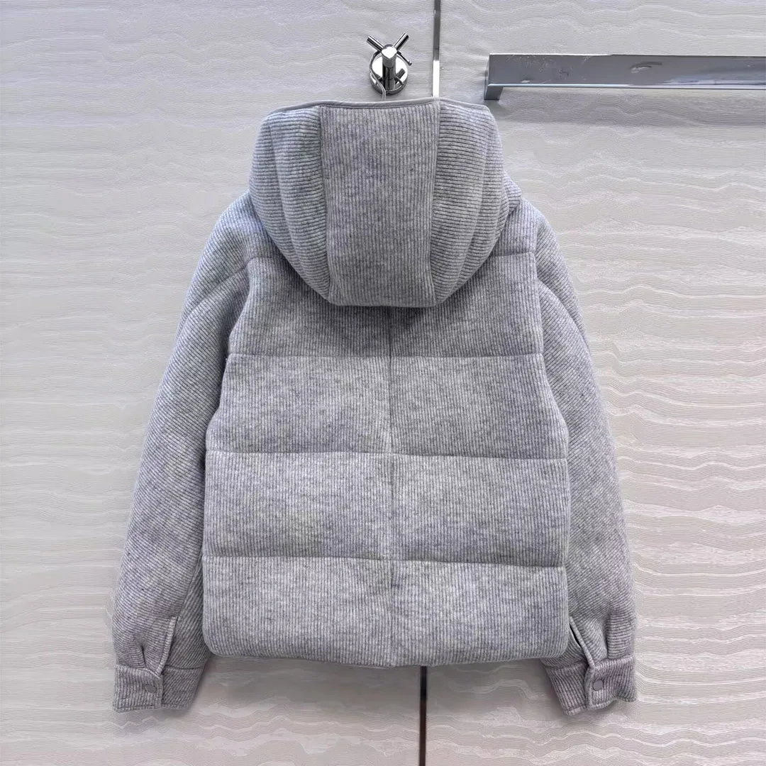 オールドマネースタイル 冬用 厚手 ホワイトグースダウンコート レディース フード付き 長袖 ルーズ ブレッドスタイル グレー ウールニット 暖かいジャケット