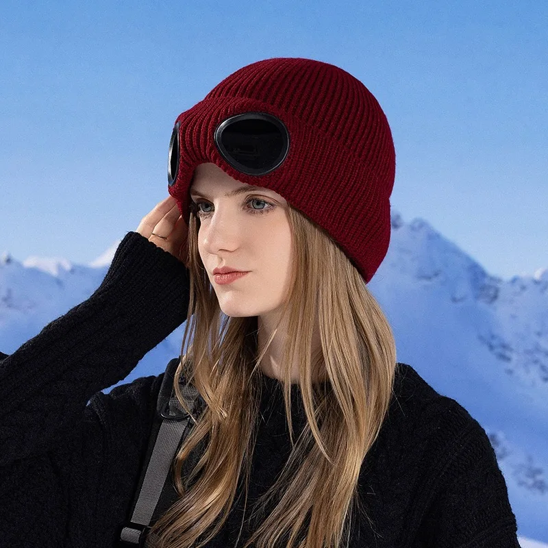 Gorro de punto Unisex con gafas a prueba de viento calentador de invierno gorros de esquí suave cálido antideslizante protección para los oídos Garros