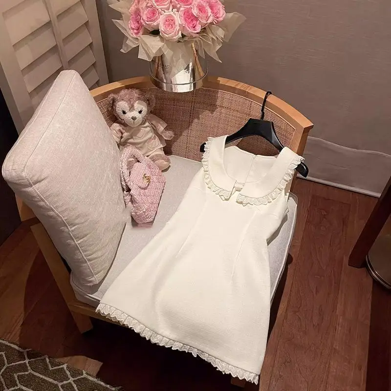 

Summer New Korean Style Doll Collar Lace Waist Slimming Sleeveless White Dress for Women Sweet Girl Elegant A-line Mini Dress