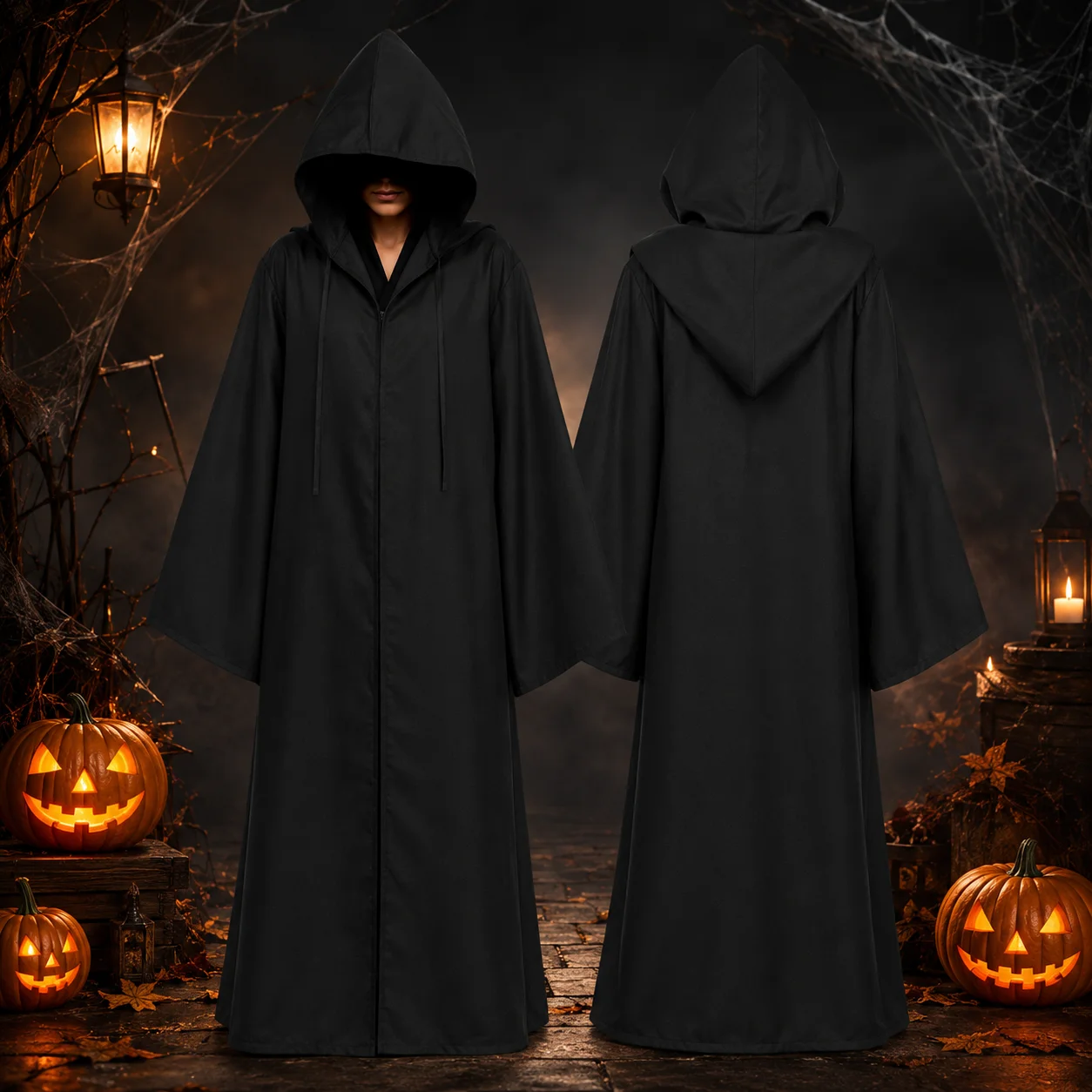 Maskerade-Umhang Weicher Unisex-Kapuzenumhang Schwarze Robe Hexen-Umhang Cosplay-Kostüm Requisite Party-Dekoration
