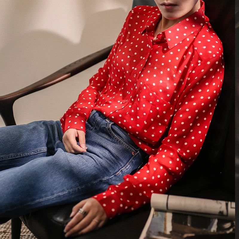 

UooHome Винтажная женская рубашка в горошек с длинным рукавом для защиты от солнца, шифоновая, летняя, немнущаяся, свободного прямого кроя, хлопок