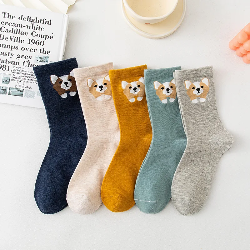 5 pares outono novo estilo coreano bonito meias de estudante com desenhos animados corgi design feminino meados de bezerro algodão engraçado meias de alta qualidade