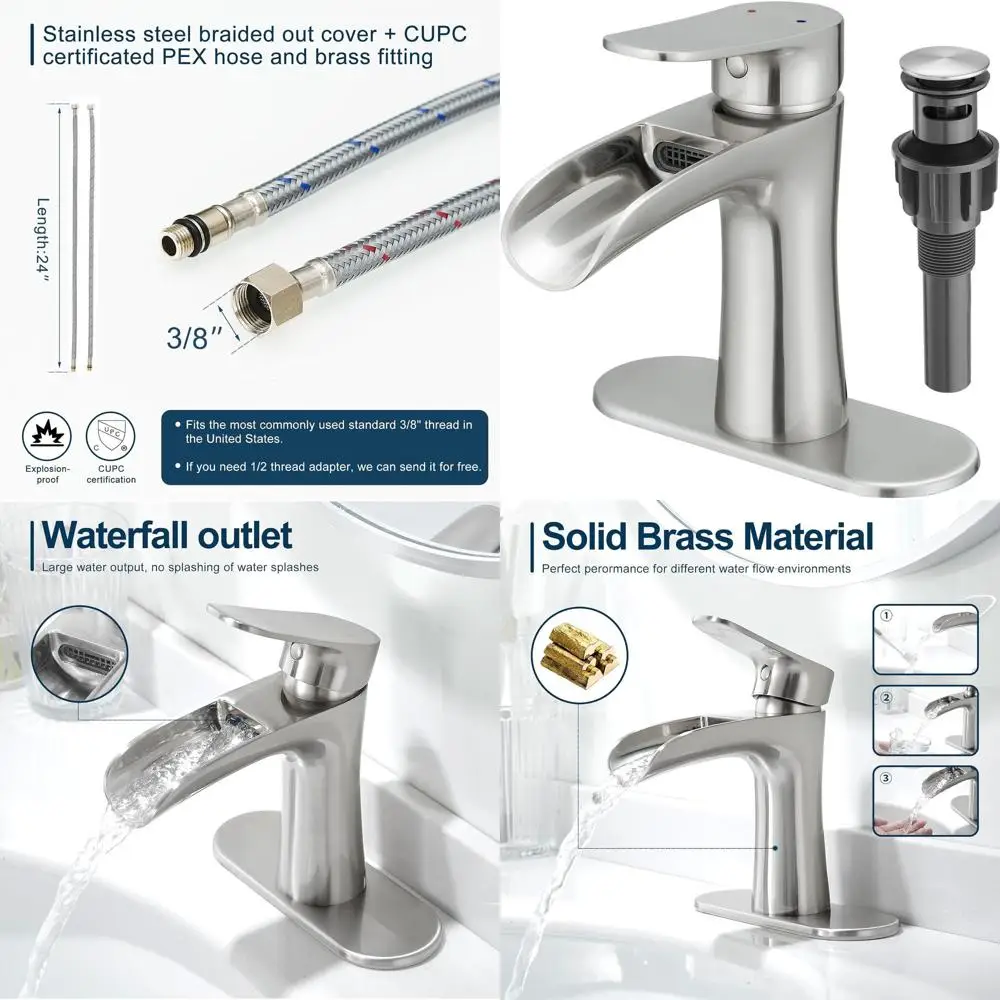 

Modern Brushed Nickel Single Handle Bathroom Sink Faucet with Pop-up Drain for 1 or 3 Hole Installation