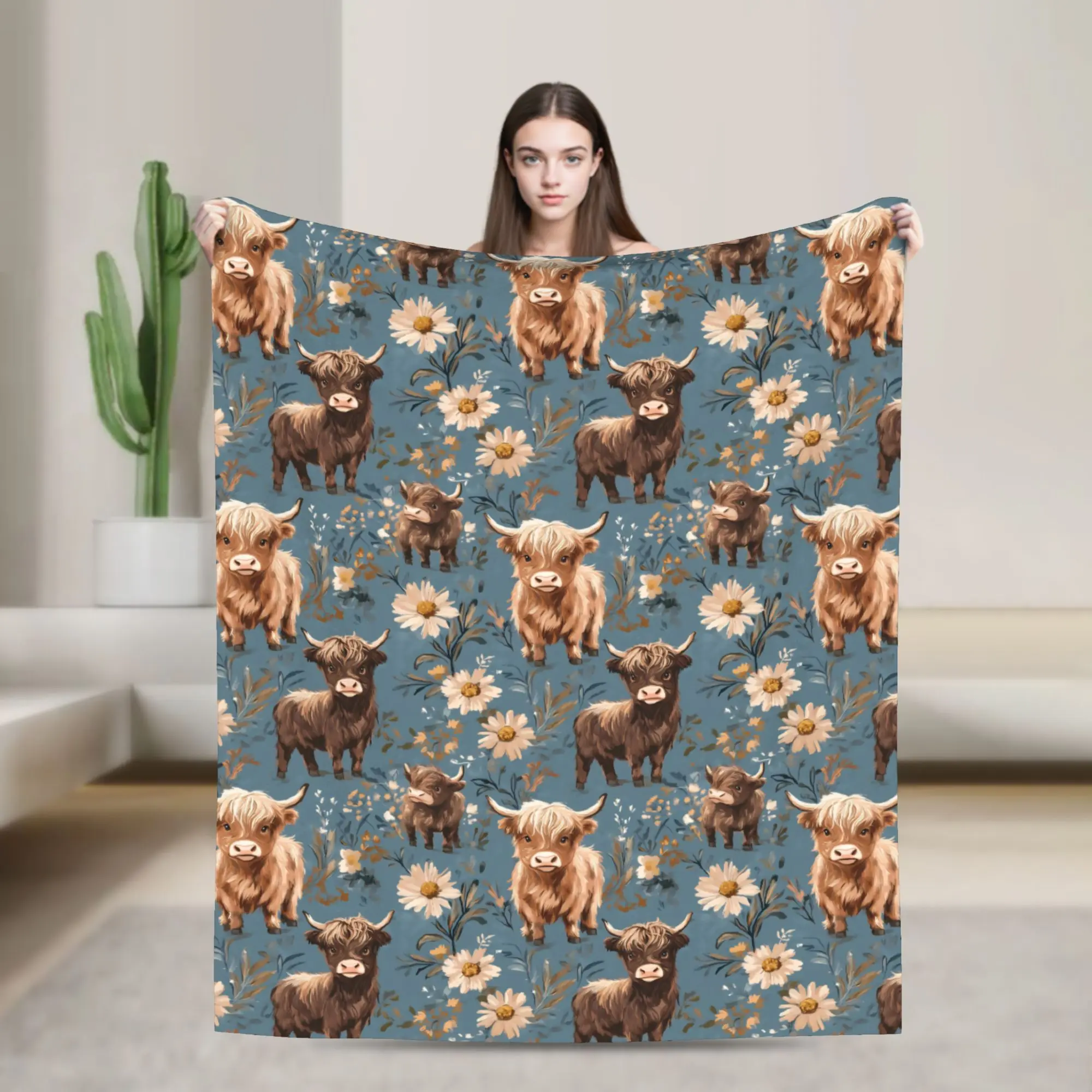 Highland Cow Foral Blanket Flannel  Lightweight Throw Blanket for Car Sofa Couch Bedspread