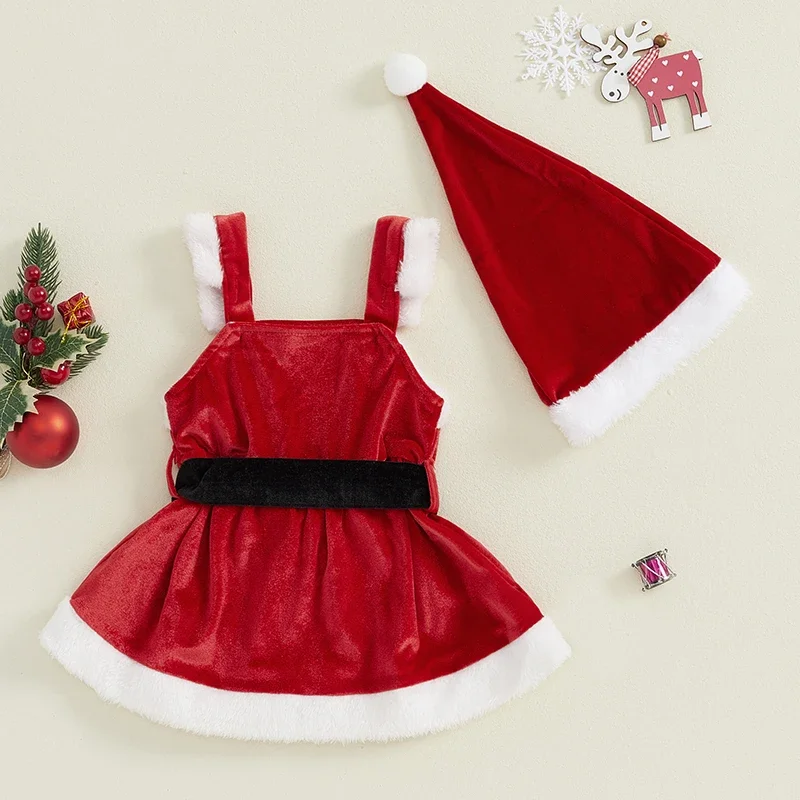 VISgogo 0-3 Years Baby Girls Christmas Dress Velvet Terry Trim Bow Waistband Sleeveless A-Line Cami Dress Hat Outfits