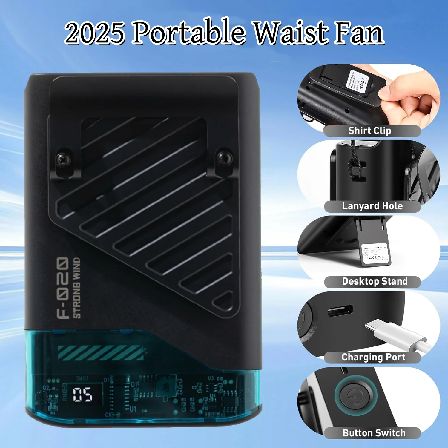 Portable Waist Fan with Belt Clip, Neck Hanging Clip-on Shirt Fan, Wearable Outdoor Camping Neck Fan for Men And Women, Black