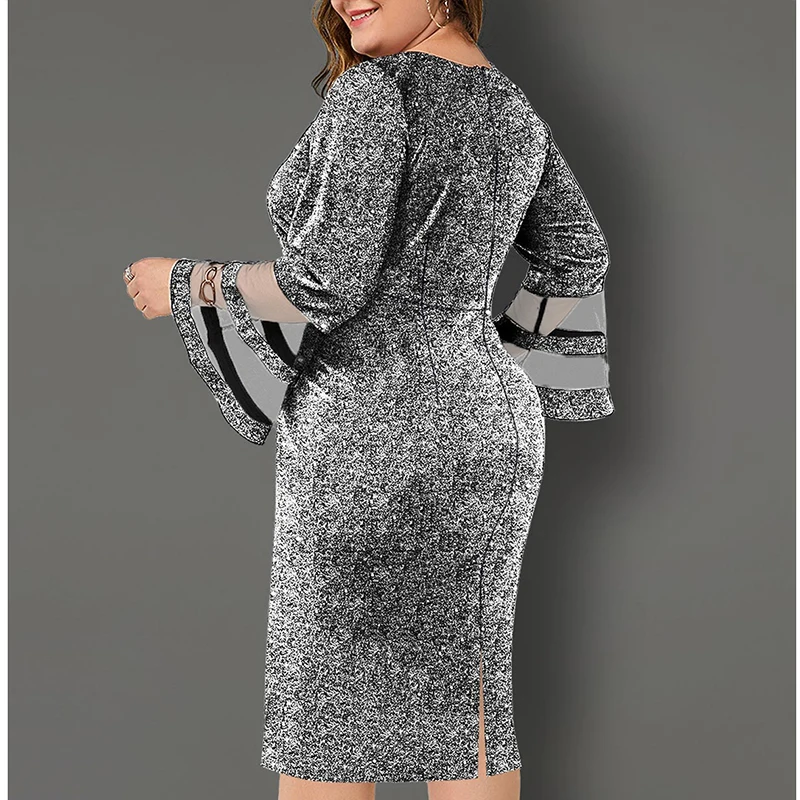 Spring Autumn Fashion Sexy Elegant Plus Size Hip Package Dress Simple V-neck Paneled Slim Mesh Eveing Dress Chic Bodycon Dress