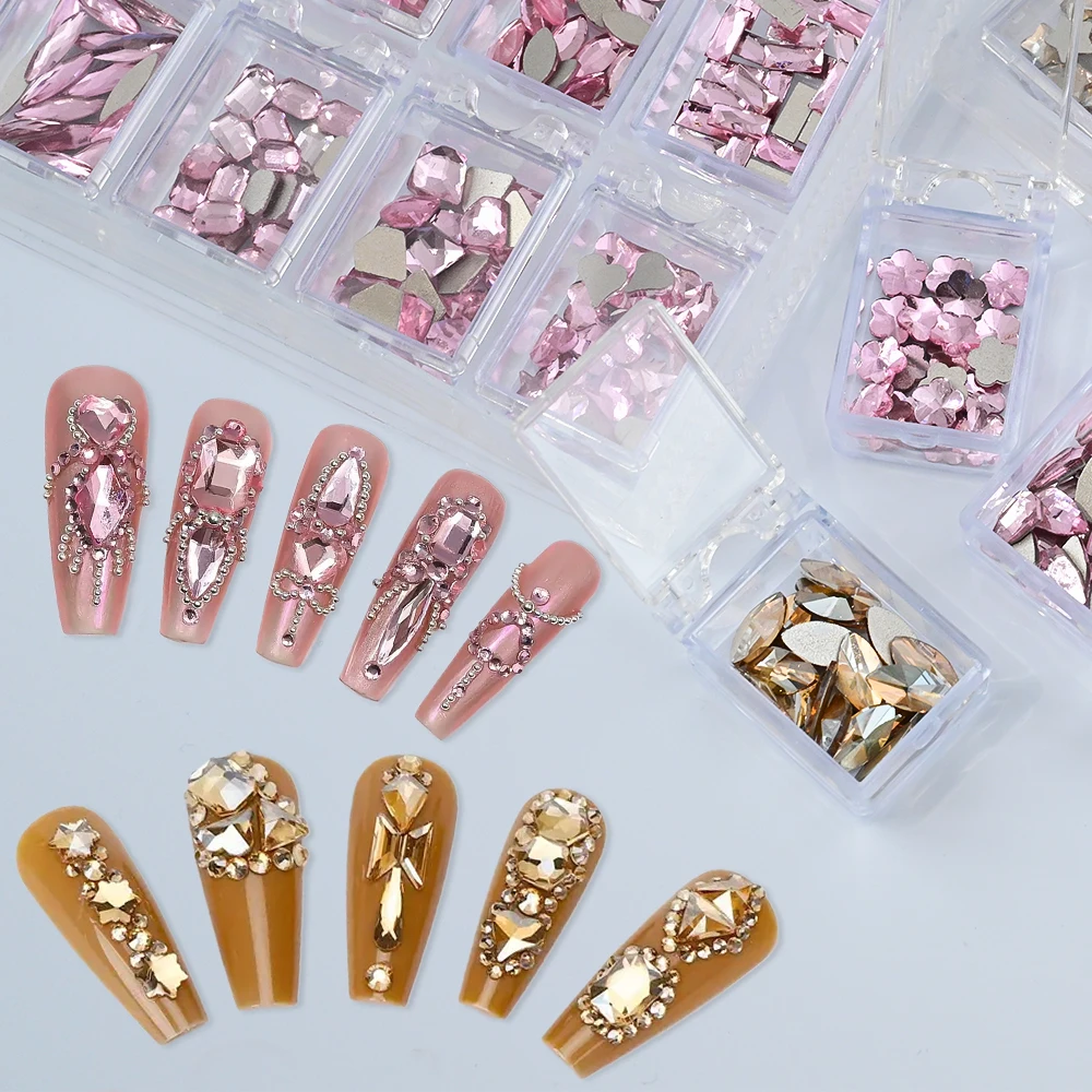 20 Styles Moon Square Drop Shape Nail Rhinestones Luxury Pink Golden Mixed Nail Gems Charms Glitter DIY Manicure Crystal Jewelry