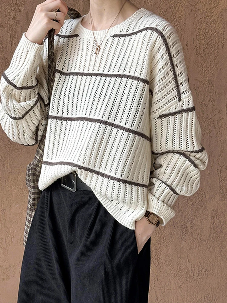 [LANMREM] Vintage Striped Knitting Pullover Sweater For Women Round Neck Long Sleeve Loose Tops Fashion 2024 Autumn New 26C527