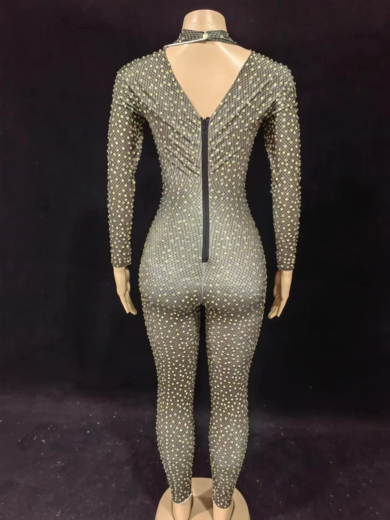 Full Rhinestones Jumpsuit Women Elastic Long Sleeve Crystal Rompers Sexy Party Rave Outfit Nightclub Bar Stage Wear