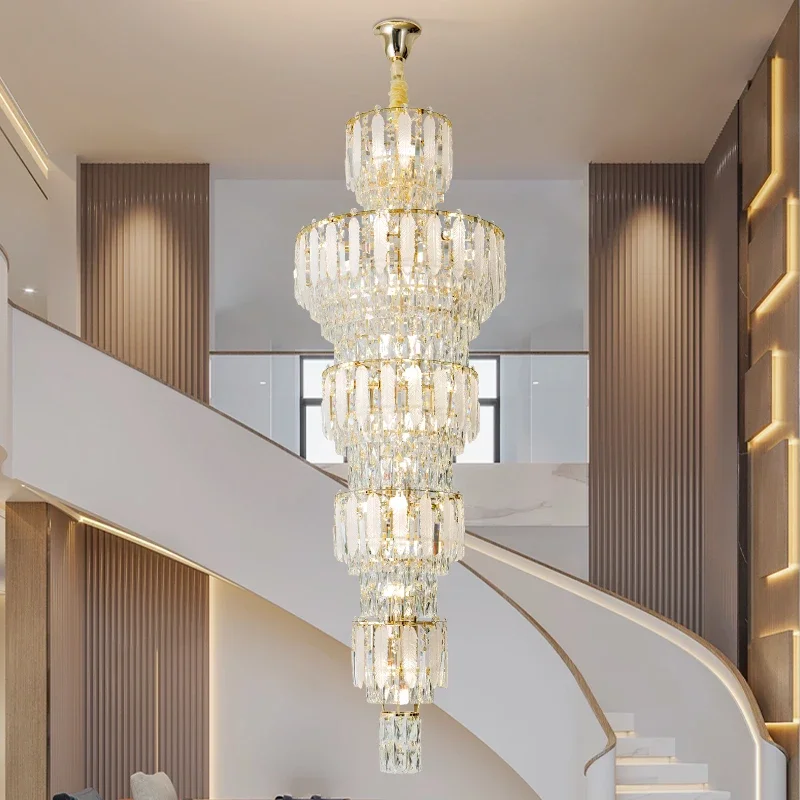 

Penthouse Chandelier European Style Crystal Staircase Long Chandelier Light Luxury Post-modern Villa Building Loft Living Room