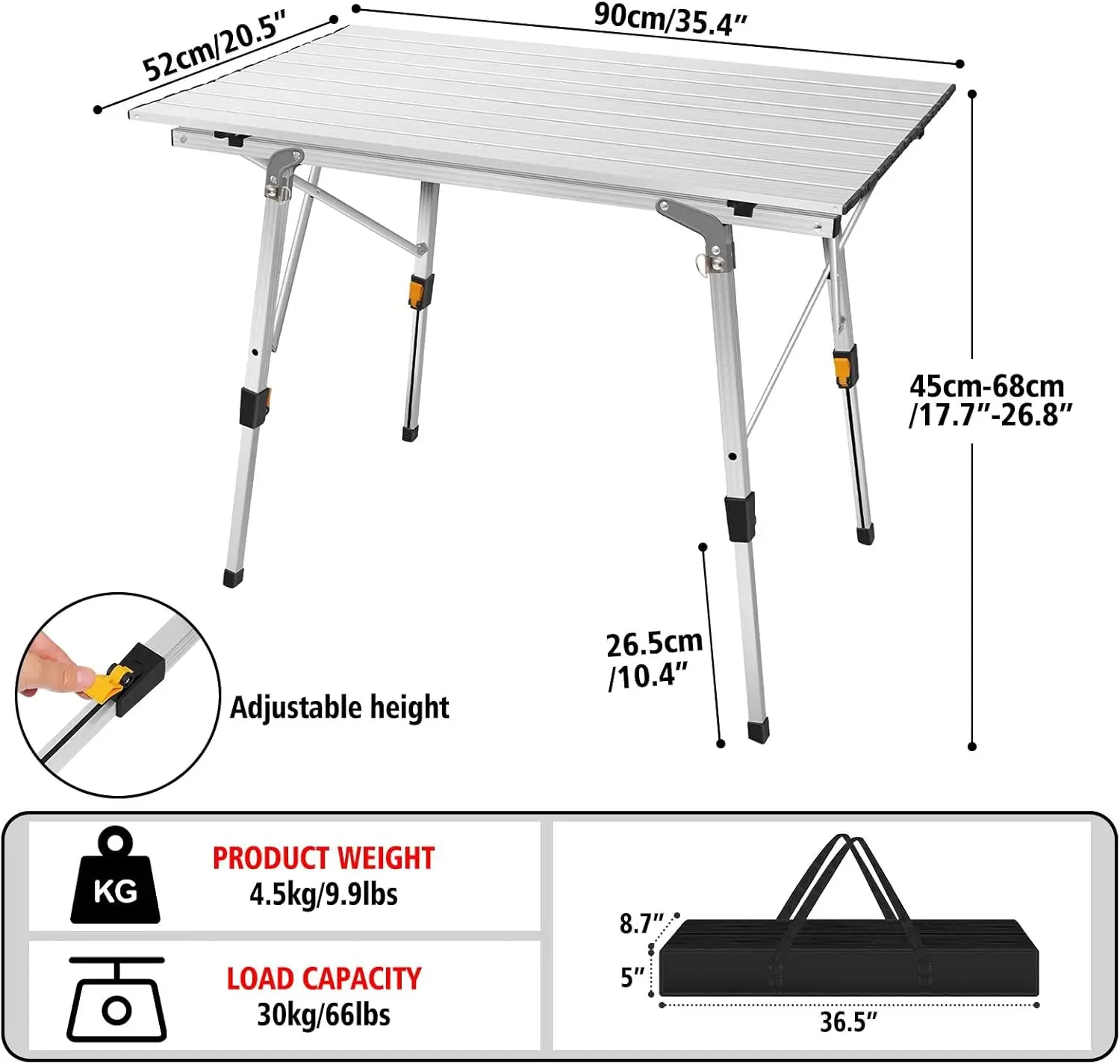 Efan 90X53CM(3FT)Folding Camping Beach Table+Storage Net,Aluminium Roll Up Table Height Adjustable+Bag for Picnic Garden BBQ