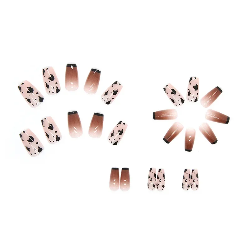 24pcs Autumn Winter Brown Gradient Medium Long Simple French Cow Pattern Press on Nails Set Acyrlic Finger Fake Nails for Gluing