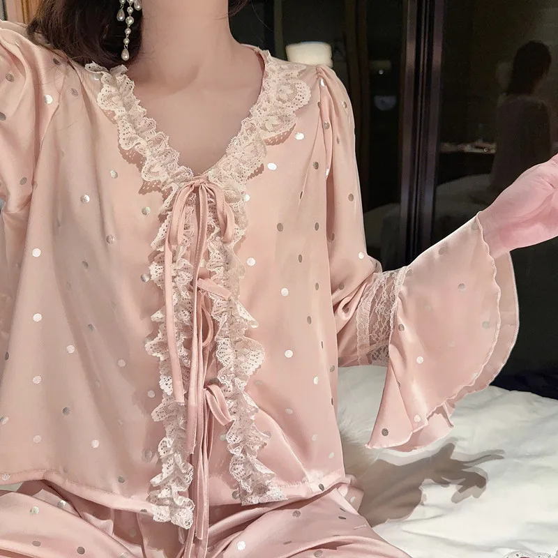 2Pcs Pijamas Set Lace Sleepwear Pajamas Suit Women Rayon Home Clothes Spring Lapel Long Sleeve Shirt&pants Nightwear Lingerie