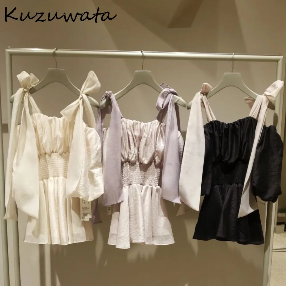 Kuzuwata Sweet Slash Neck Puff Sleeve Ruched Dress Off Shoulder Elegant Panelled Loose Vestidos Japan Solid Bow Slim Fit Robe