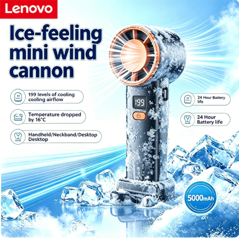 Lenovo Digital Display Neck Hanging Handheld Fan Foldable USB Rechargeable 199 Levels of Cooling Airflow for Travel Outdoor New