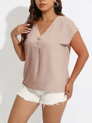 Women's Plus Size 1XL-8XL Casual Solid Color V-neck T-shirt with Buttons Short Sleeved Top Bat Sleeve Loose Shirt