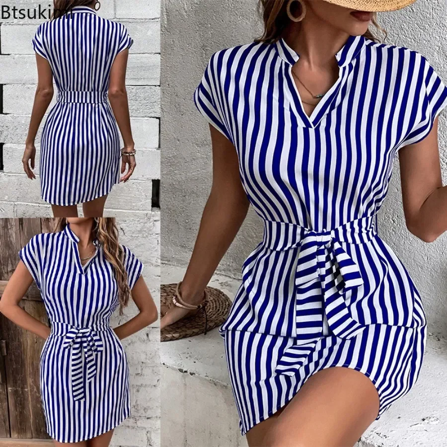 Spring Summer New Women's A-Line Shirt Dress Classic Striped Sleeveless Temperament Casual Mini Dress Femme V Neck Lace-up Dress