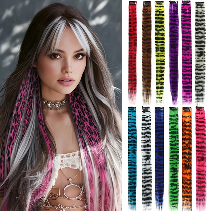 Extensión de Cabello Sintético de Color con Tarjeta, Invisible y Sin Rastros, Estampado de Leopardo, Largo Lacio con Mechón Colgante