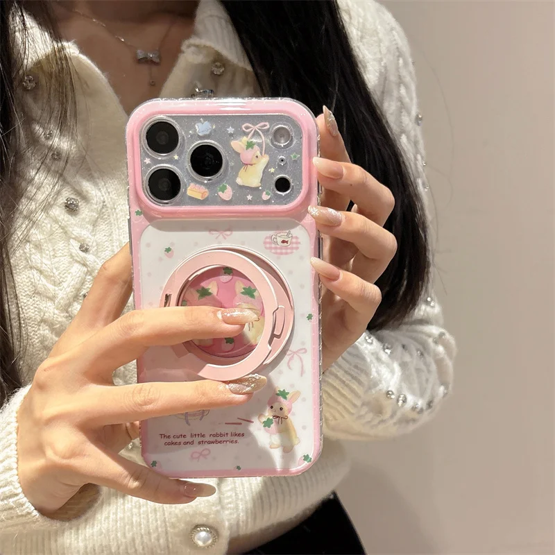 

Kawaii Cartoon Bowknot Rabbit Cake Phone Case For iPhone 17 Pro 15 16 Pro Max Back Cover with Ring Stand Shockproof Protective C