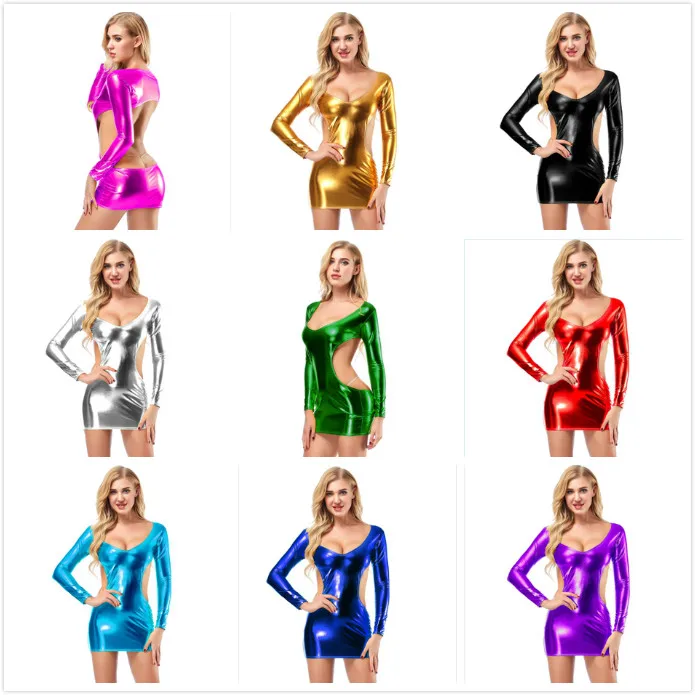 

10 Candy Colors Shiny Night Stage Fashion Sexy Bodycon Dress PU Leather Mini Dress Women Low Neck Femme Vestidos