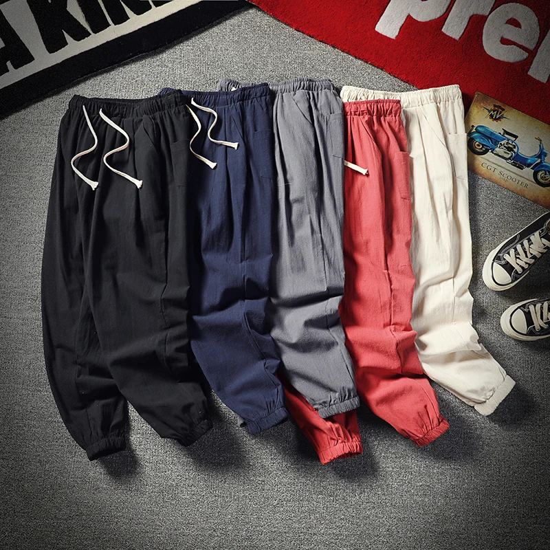 

Summer Thin Elastic Waist Dstring Cotton Linen Casual Pants Men's Straight Leg Loose Fit Versatile Linen Long Trousers