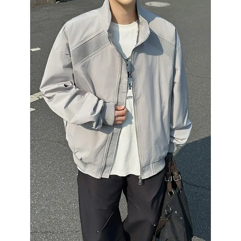 Autumn Men's Stand Collar Jacket Trend Thread Splicing Lightweight Windbreaker Loose Outdoor Waterproof Hiking Mountain Coat