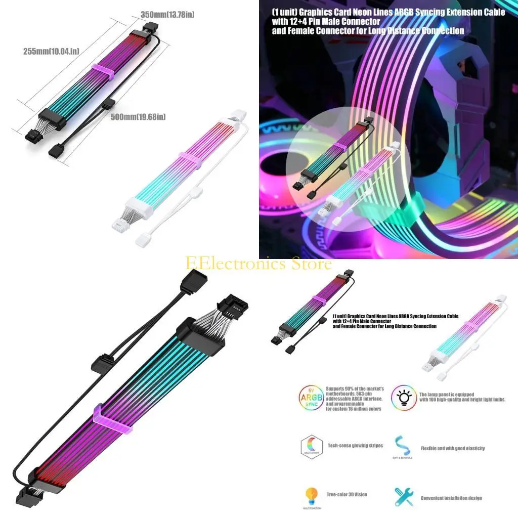 B03C Soft Silicone 12+4Pin ARGB Graphics Card Neons Extension Cable For Customs Builds