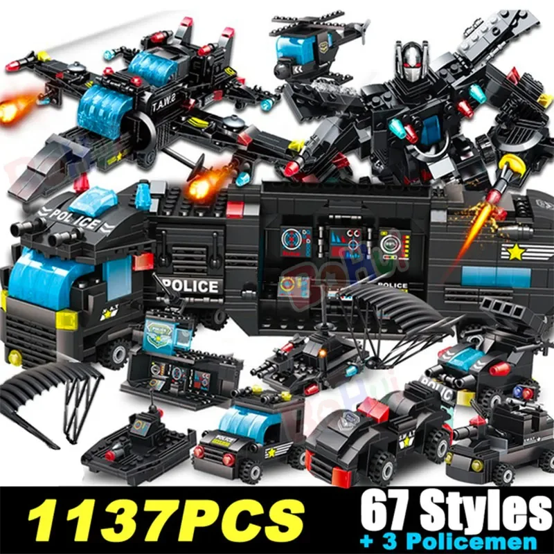 SWAT Police Station Military City Model Set Prison Car Policeman Boat Figures Building Blocks DIY Toy for Kids Birthday Boy Gift