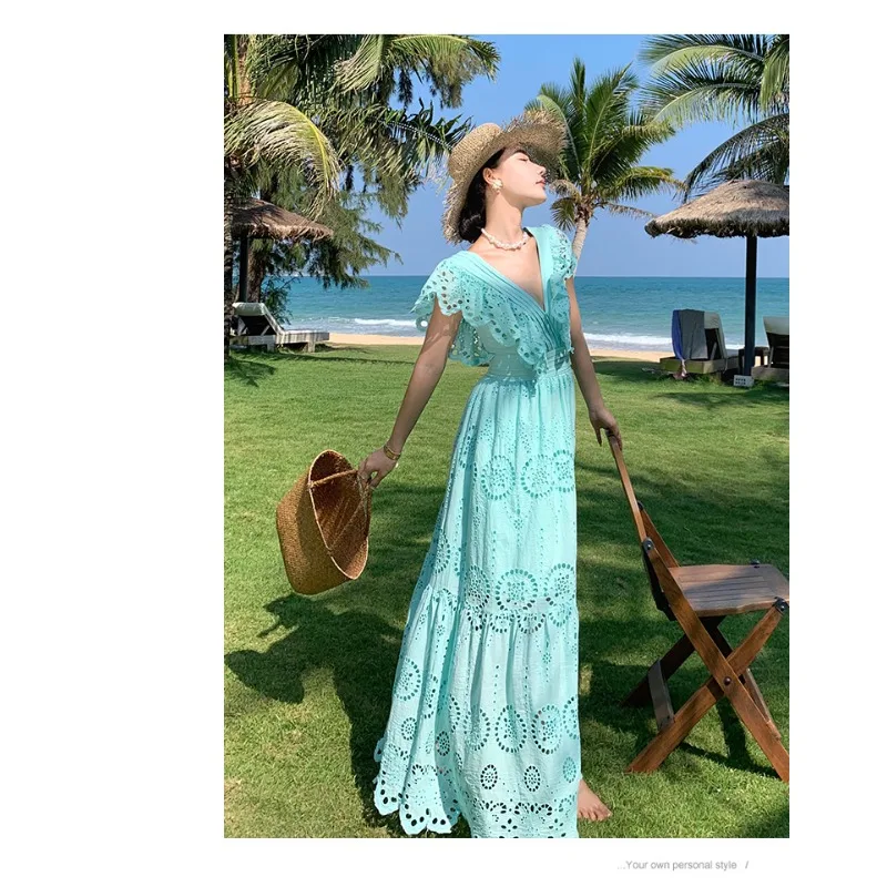 Tiro real de estilo fada personalizado recorte bordado babados mangas voadoras profundo decote em v cintura vestido saia longa