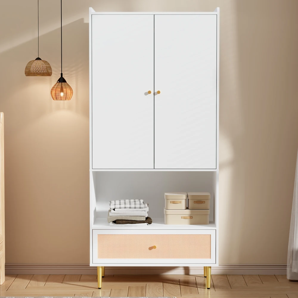 PINGGO Weißer Kleiderschrank mit 2 Türen, Rattanschublade, Metallbeinen und Griffen, 80x48x175cm, für Schlafzimmer und Wohnzimmer – Detail 6