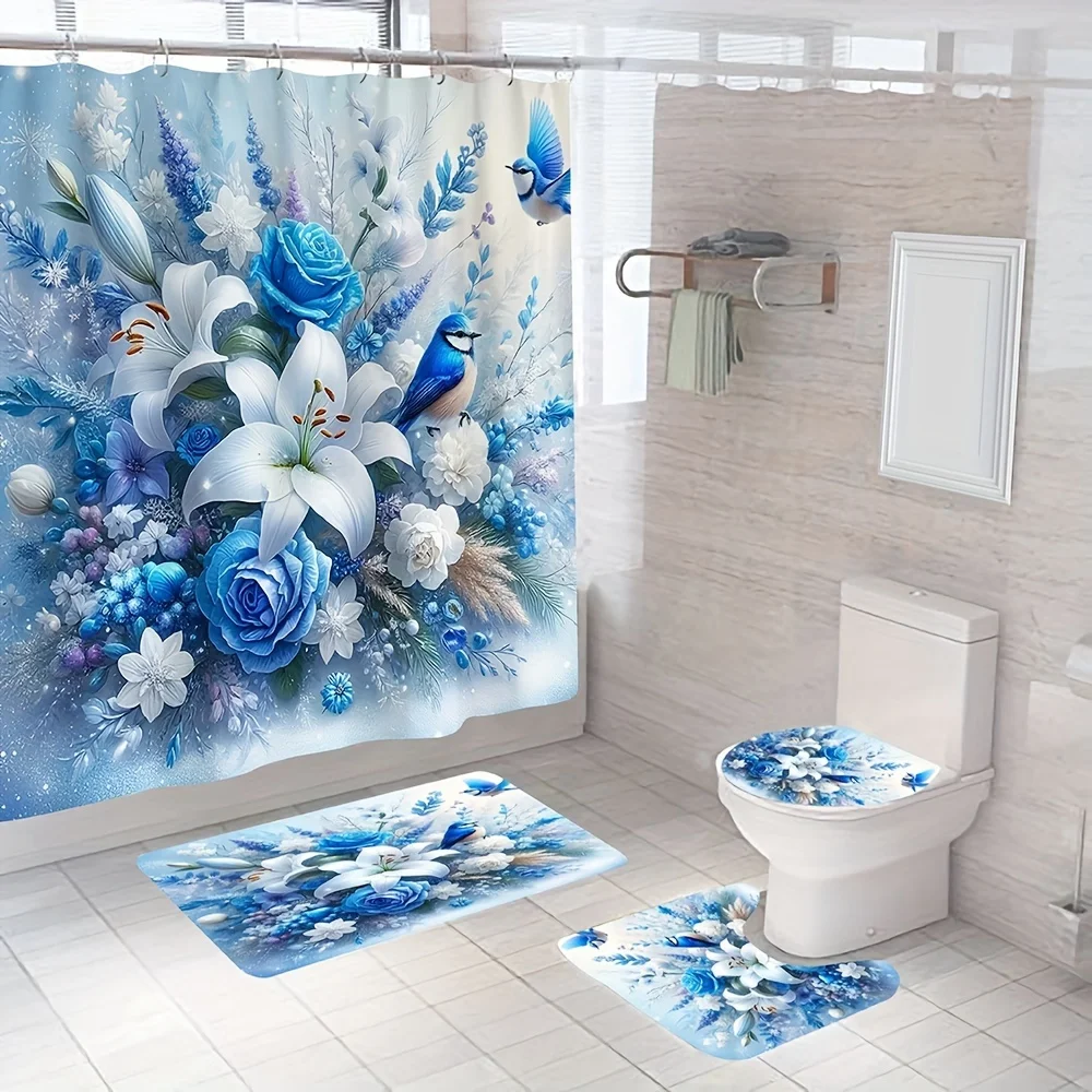 

4шт синие цветочные и птичьи рождественские украшения, включая занавески для душа в ванной, напольные коврики, чехлы на сиденья унитаза и крючки.