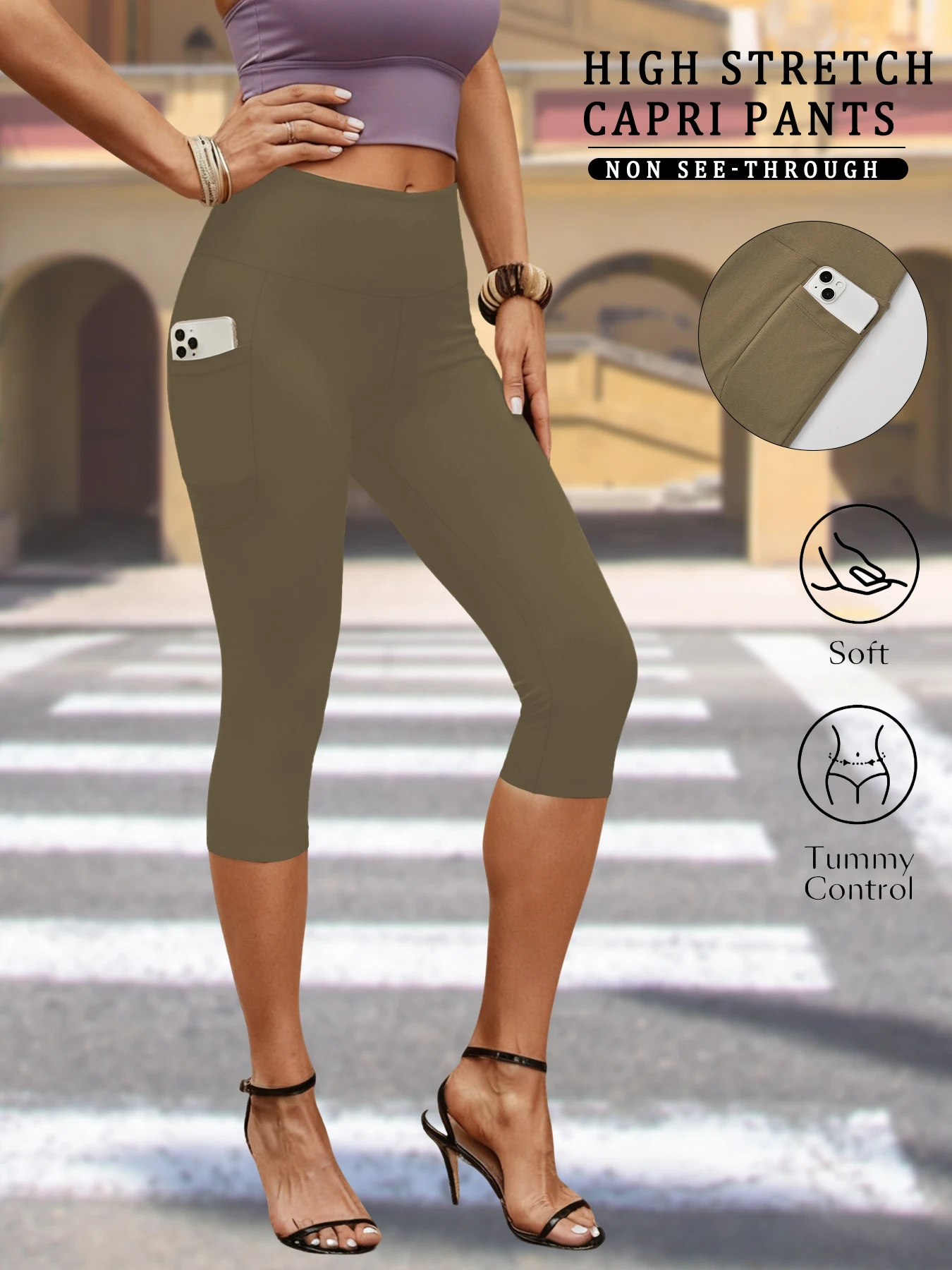 Women Capri Pants with Pockets 5 Inch High Waisted Super Soft No See Through Tummy Control Running Yoga