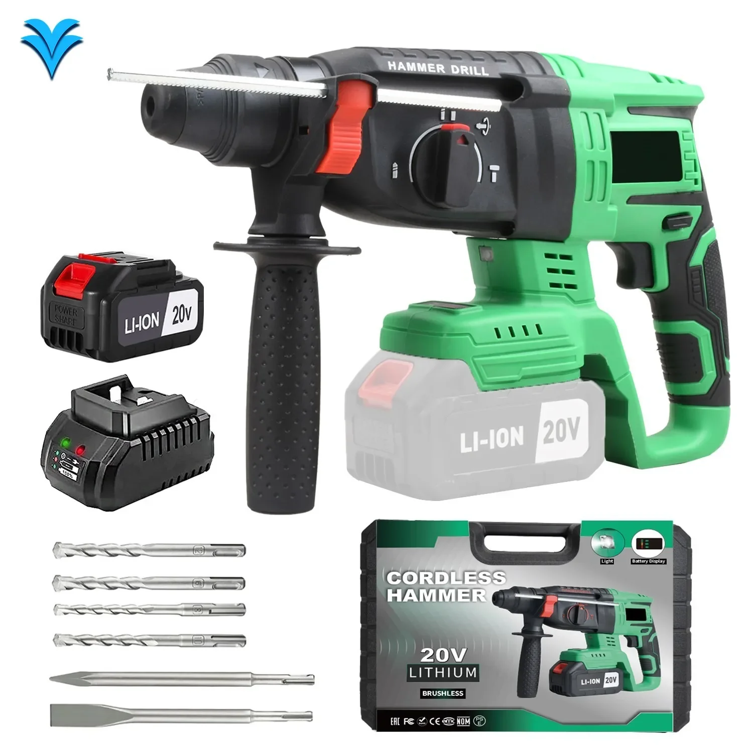 

20V Cordless Hammer Drill with SDS Plus Bit Electric Rotary Hammer for Demolition and Drilling,Local US Warehouse