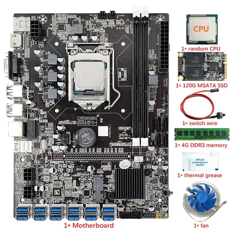 Go! B75 12 USB3.0 BTC Mining Motherboard CPU+Fan+4G DDR3 RAM+120G MSATA SSD+Thermal Grease+Switch Cable LGA1155 DDR3 SATA3.0