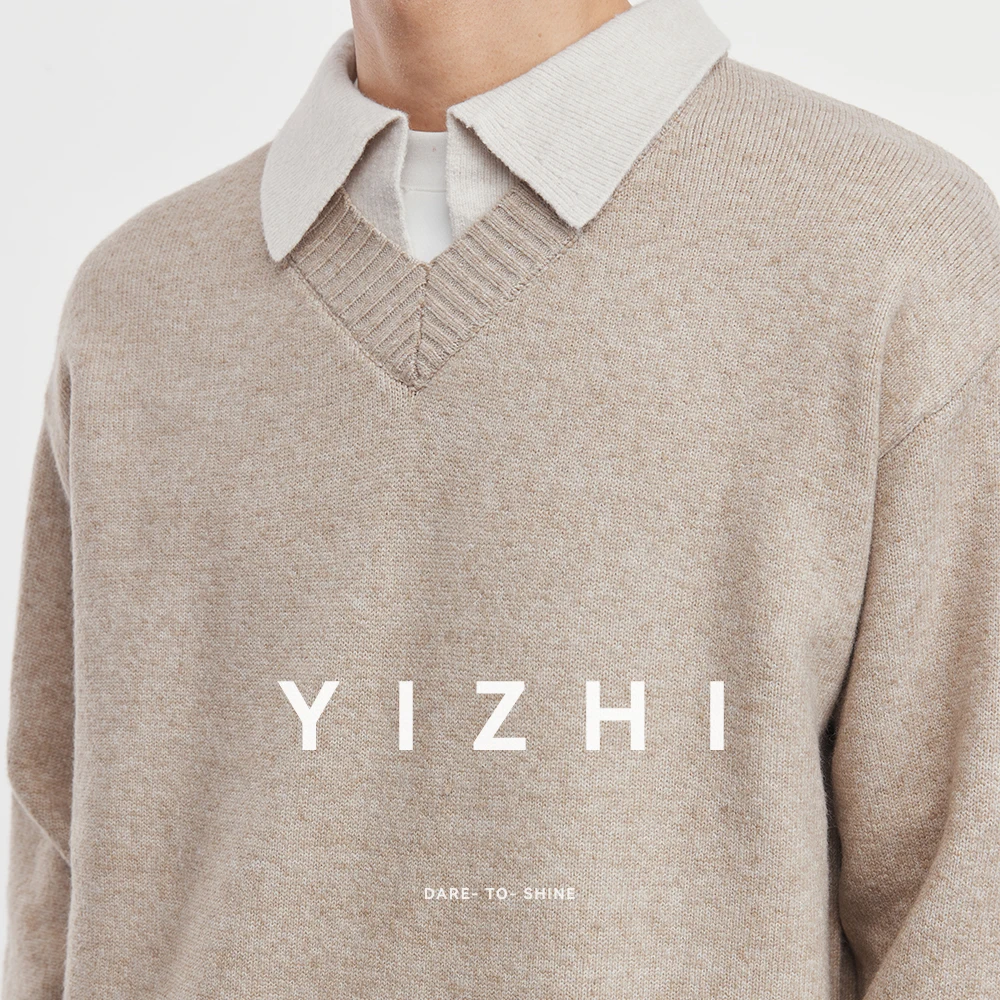 2025 Autumn and Winter New Men's High-grade Shirt Collar Splicing Fake Two-piece Knitted Sweater Loose Men Long-sleeved Sweater