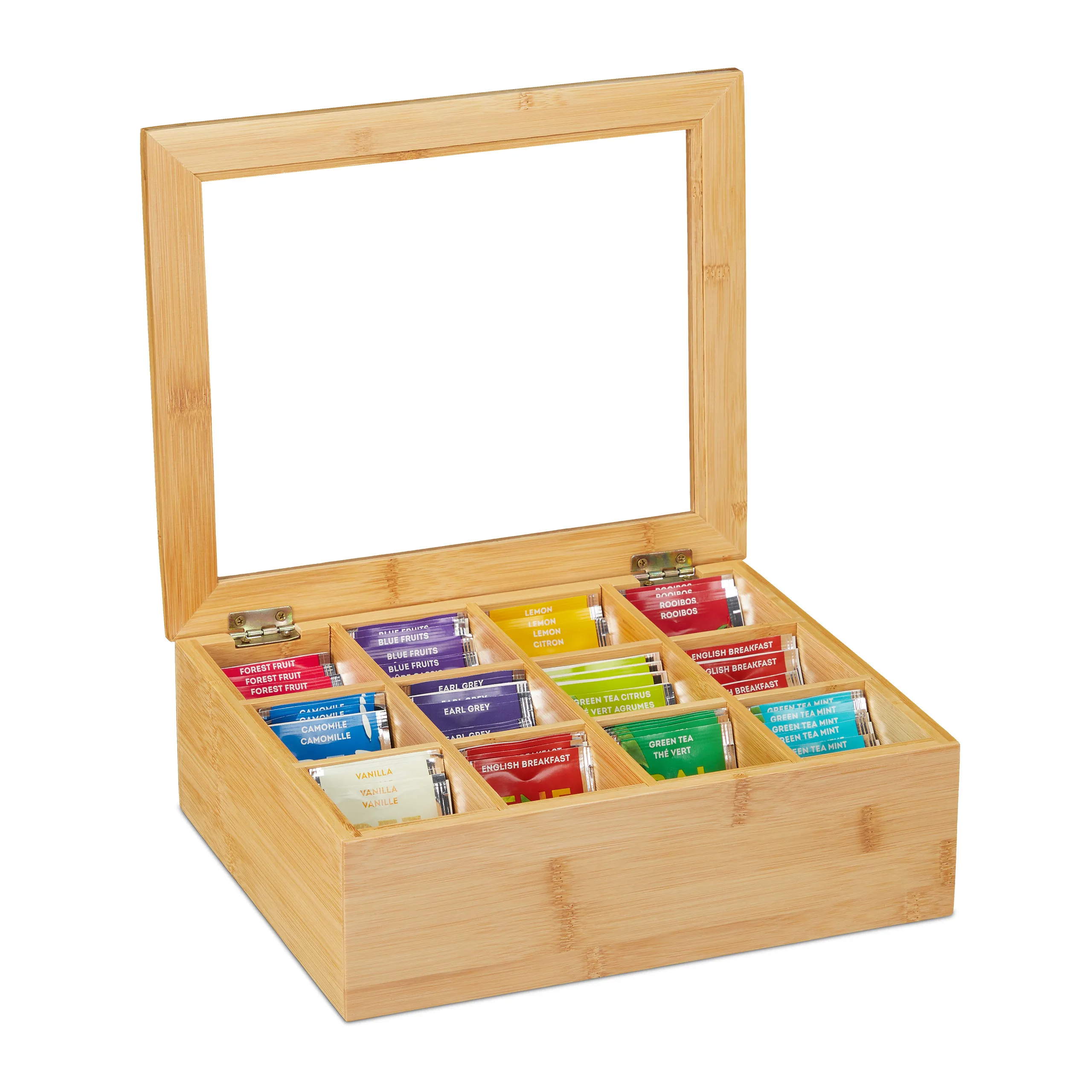 Scatola per Tè, 12 Scomparti, con Finestra Trasparente, per Bustine di Tè e Capsule di Caffè, in Bambù e Plastica, Naturale, 9 X 28 X 23 Cm, Scatola per Tè, Relaxdays