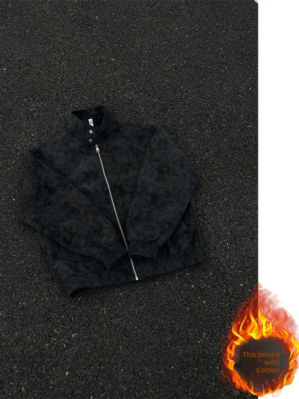 

Men's ort Baseball Jaet Tie-Dye PU Leather Cotton Coat Heavyweight Stand Collar Cleanfit Trendy American High-End Feeling