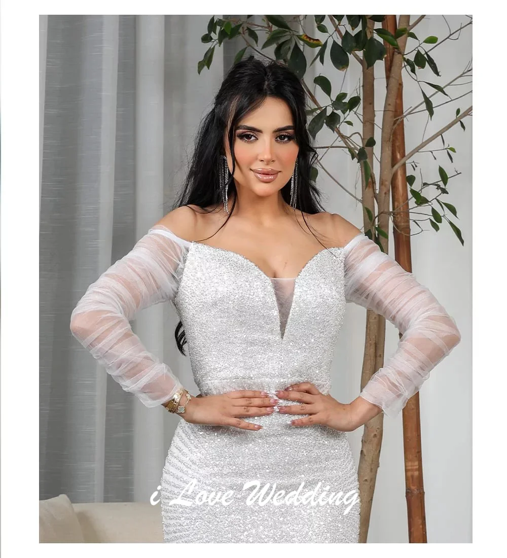 Vestido de noche de sirena Sexy con hombros descubiertos, manga larga de ilusión, cuentas, sin espalda, largo hasta el suelo, vestido saudí con corte personalizado