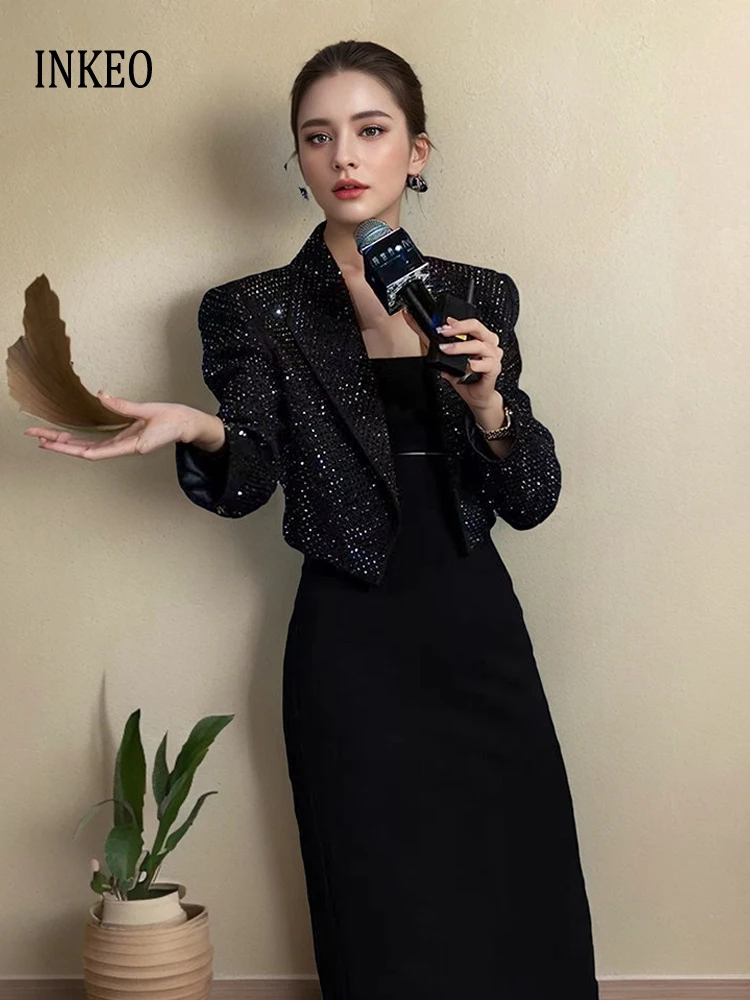 High street Black Rhinestone blazer for women 2026 Spring summer Luxury Notched collar crop jacket Fashion Outwear INKEO 6O005