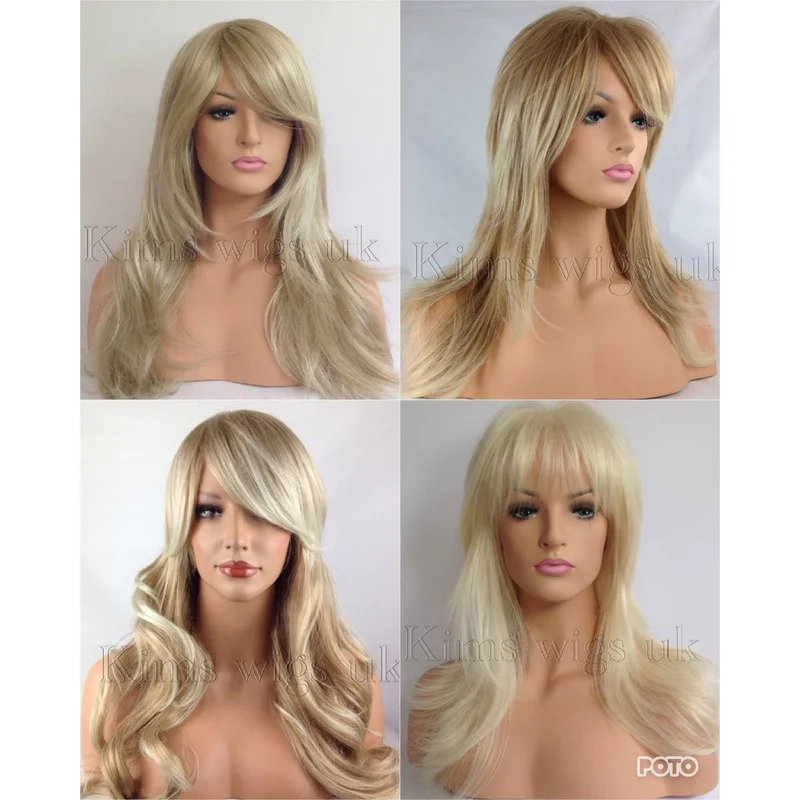 LONG BLONDE LADIES WOMENS FASHION HAIR WIG FLICKED WAVY CURLY LAYERED FRINGE UK
