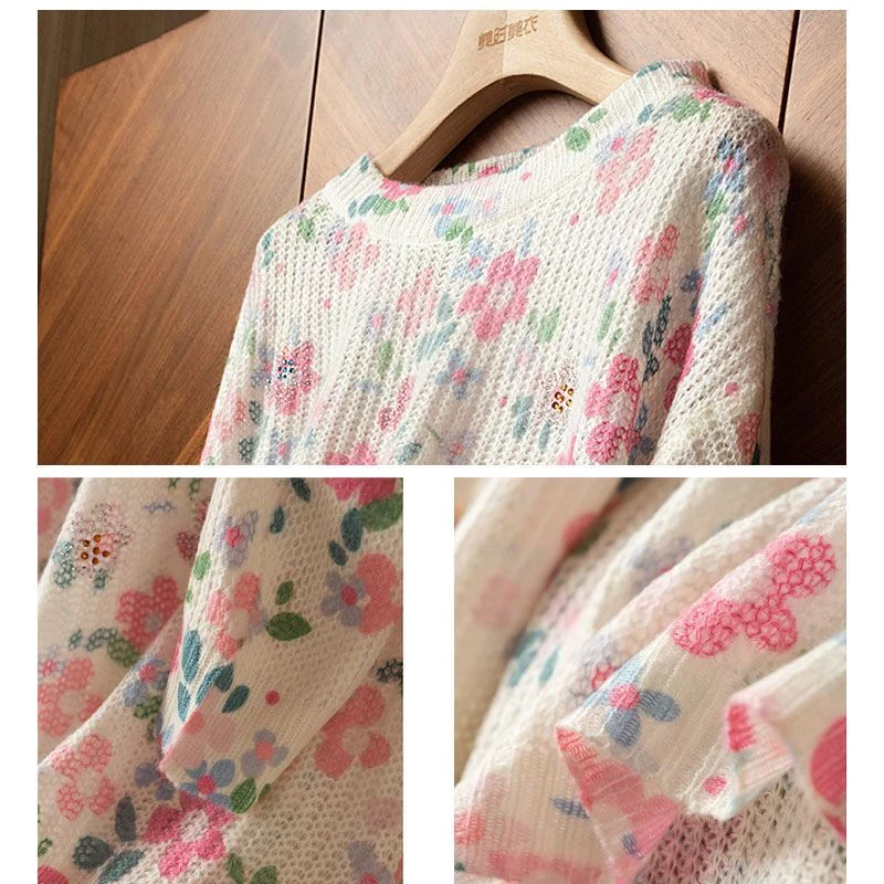 Spring Autumn New Round Neck Long Sleeve Sweater Women High Street Floral Printing Pullovers Elegant Cute Fashion All-match Tops