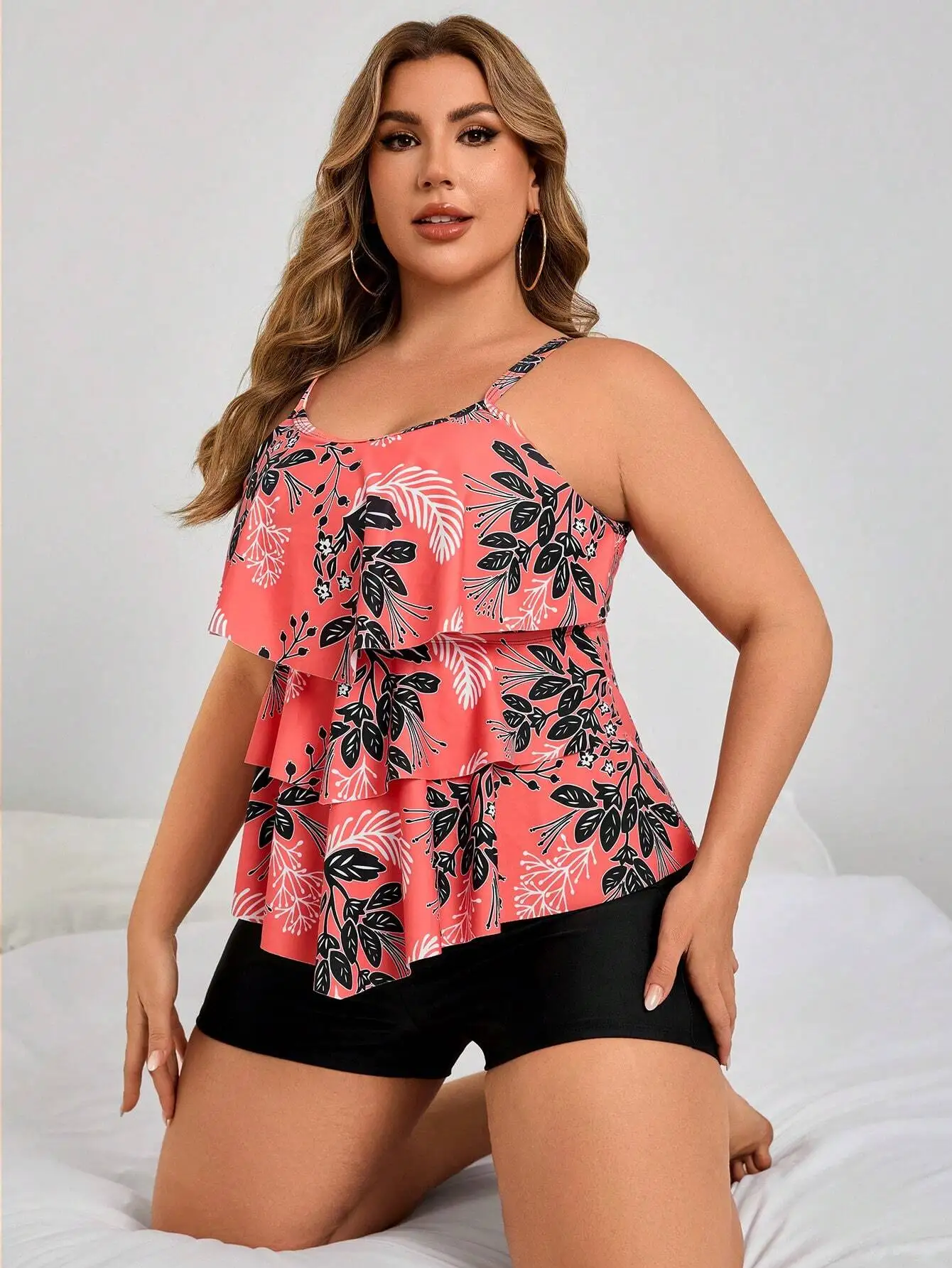 Coral Floral Print Ruffle Layered Crop Top With Solid Black Boyshorts Two Piece Plus Size Swimwear Set
