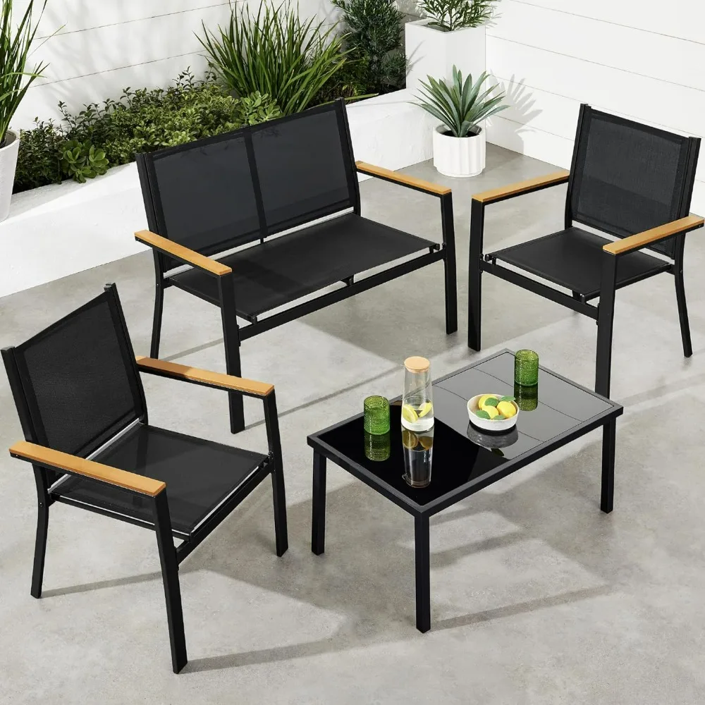 4-Piece Outdoor Textilene Patio Conversation Set, Backyard Furniture W/Loveseat, Coffee Table, Steel Frame,  Outdoor Furniture