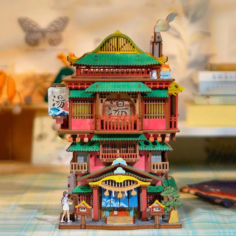 DIY 3D Wooden Puzzle Japanese Hot Spring House Storage Box Cottage Miniature Model Kits Inductive Casa Jigsaw Puzzles Gifts