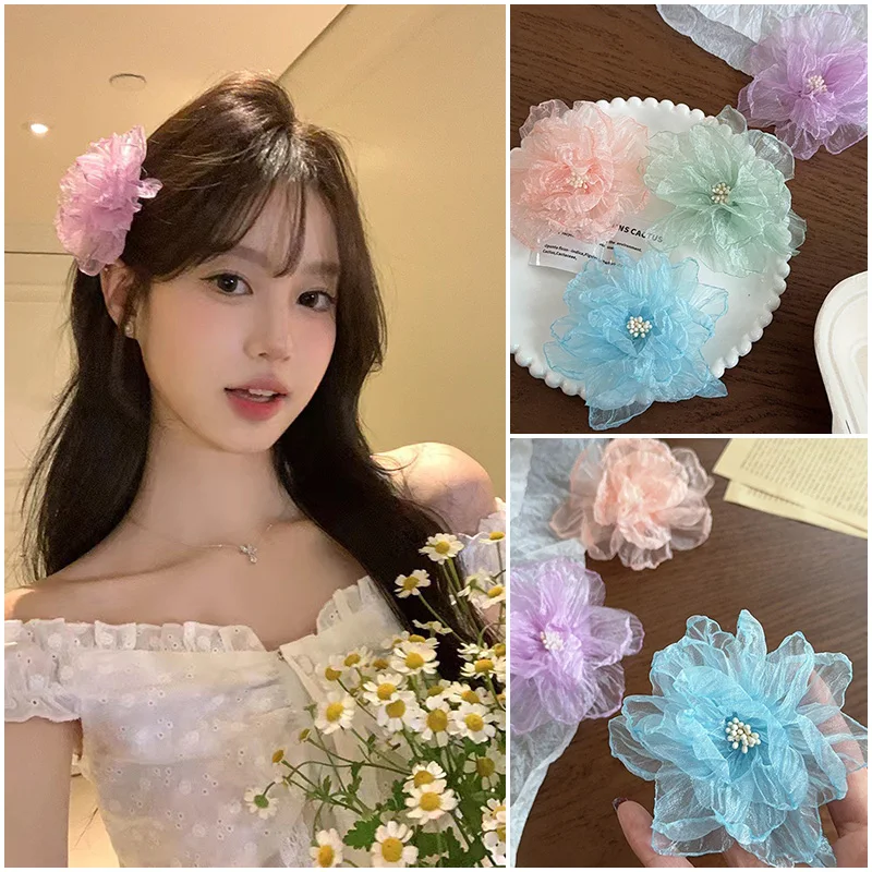 1PC Organza Flowers Hair Clips Women Fashion Flower Hair Card Organza Handmade Simulated Hairpins Headwear Hairs Accessories