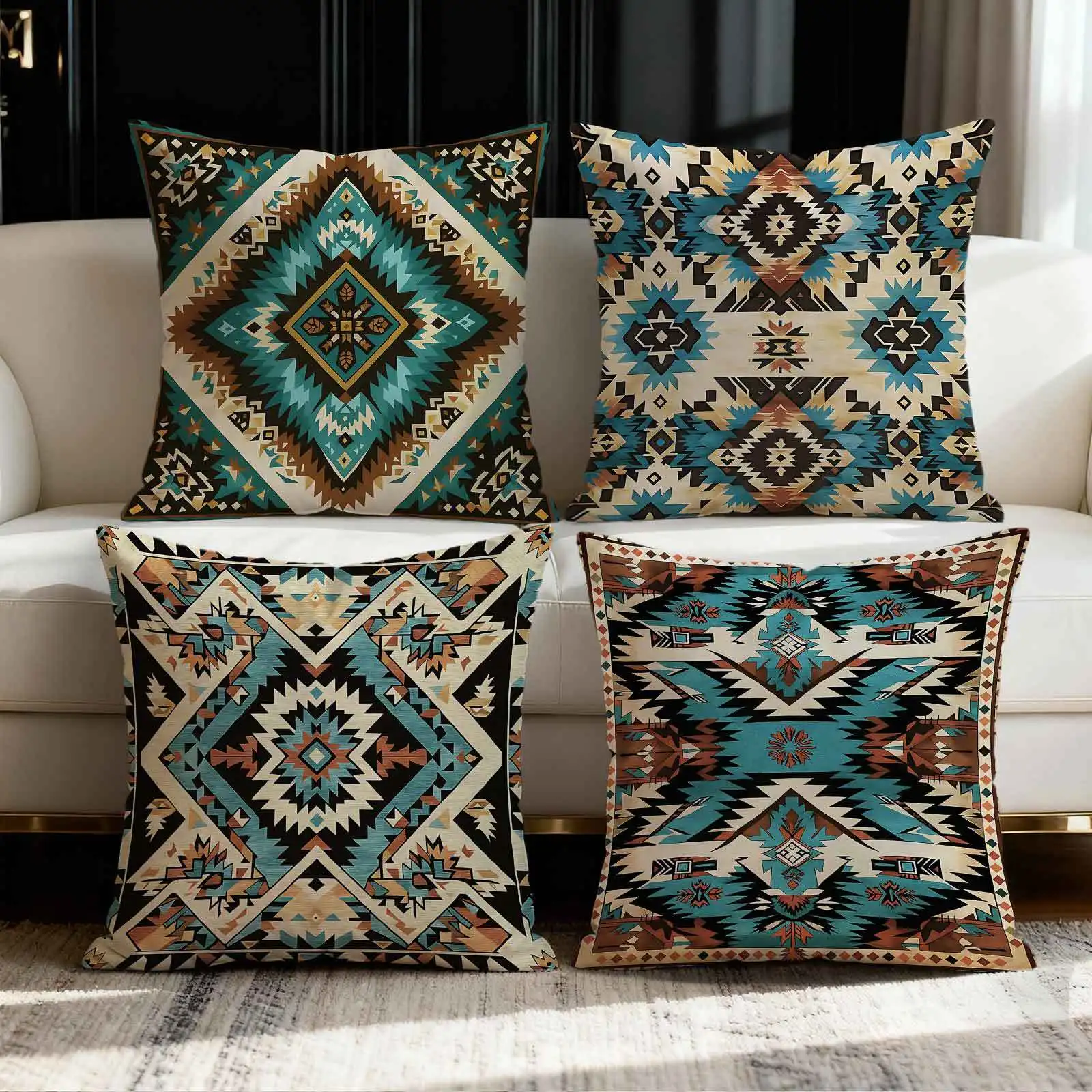 4 fundas  cojín con patrón geométrico  estilo boho | Estilo sudoccintal, diseño tribal rústico, poliéster  colores mixto